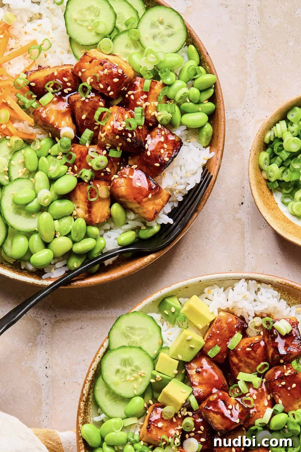 Teriyaki Salmon Rice Bowl with Scallions and Sesame 2 Teriyaki salmon bites in rice bowls with edamame, cucmbers and other ingredients.