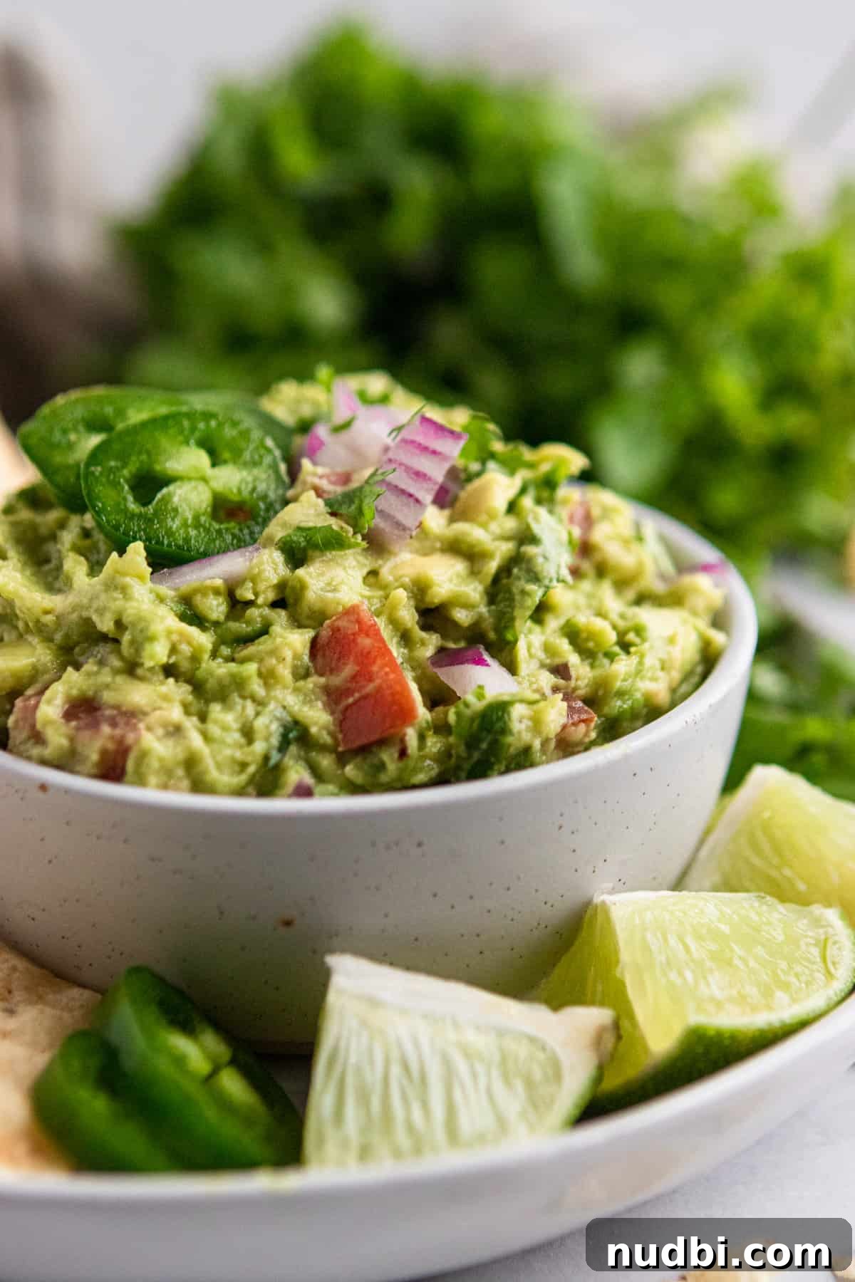 Creamy Avocado Guacamole Recipe with Zesty Lime and Cilantro 3 Healthy guacamole recipe on plate with limes.