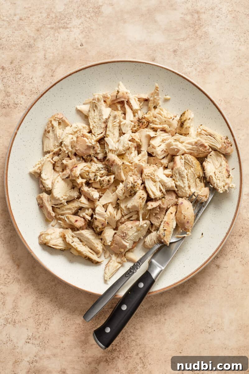 Slow-Cooker Chicken and Wild Rice Soup Recipe 7 Chicken shredded on plate with fork and knife.