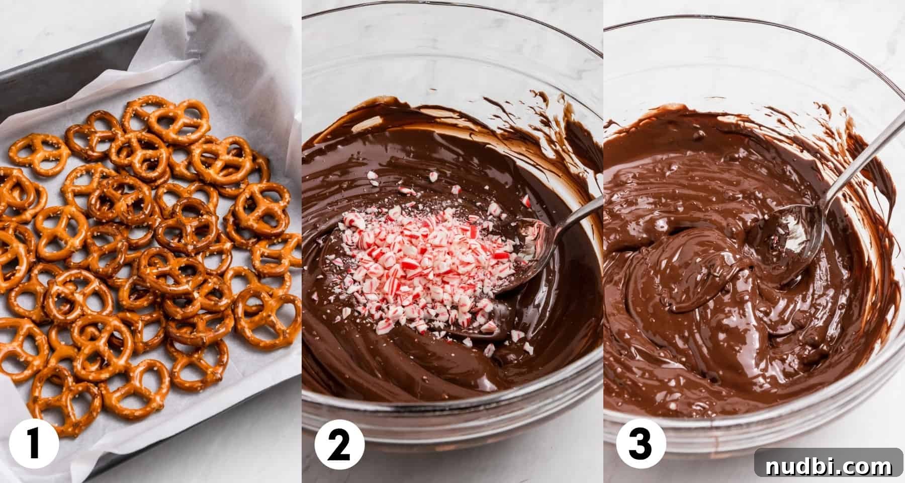 Peppermint Dark Chocolate Pretzel Bark Recipe for Holiday Treats 4 Pretzels on parchment lined pan and mixing bowl with dark chocolate melted with candy canes.