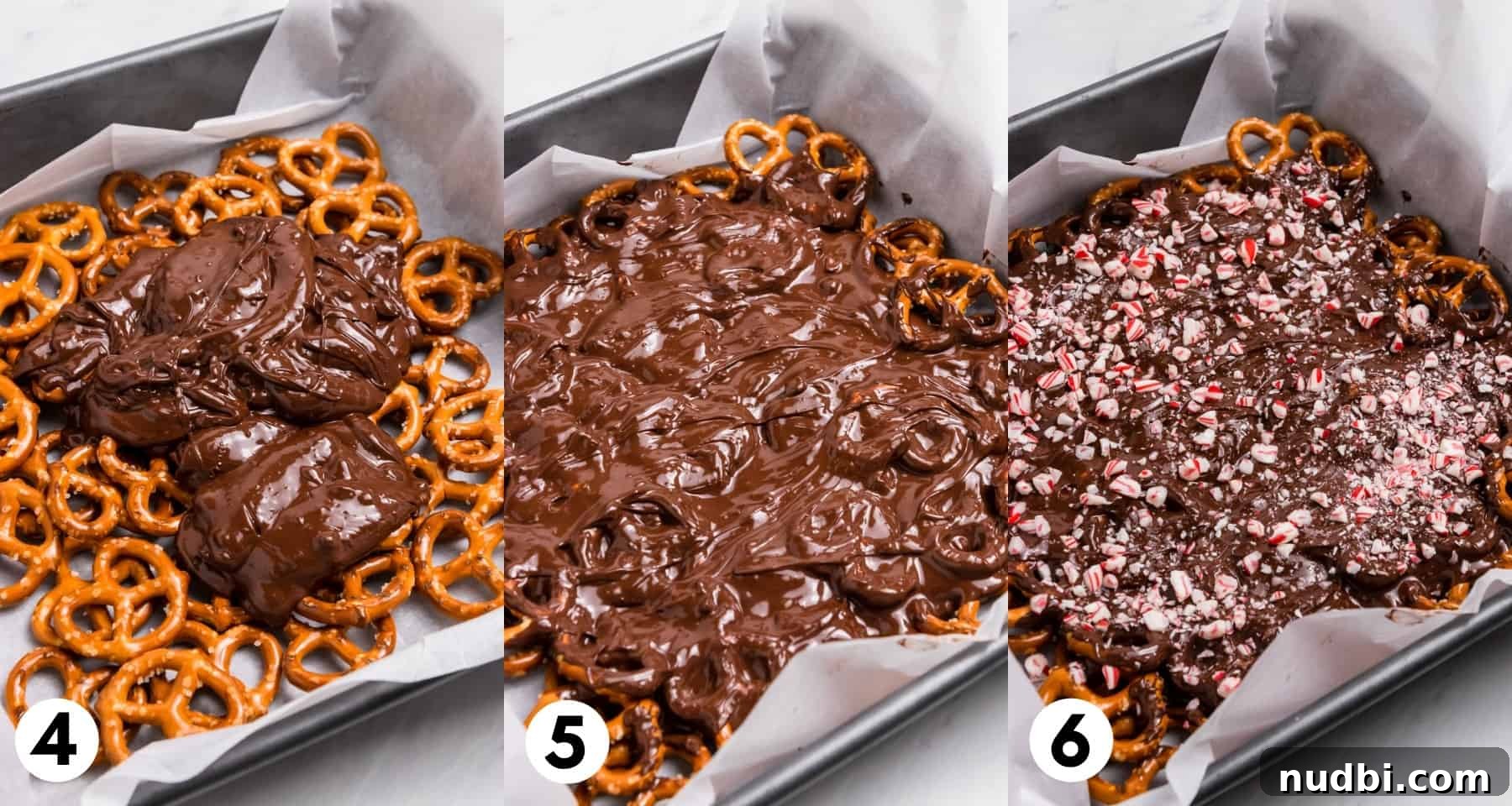 Peppermint Dark Chocolate Pretzel Bark Recipe for Holiday Treats 5 Dark chocolate poured over pretzels and spread over.