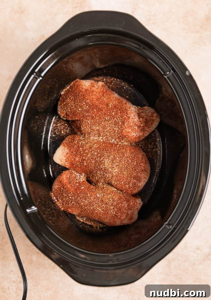 Creamy Slow Cooker White Chicken Chili Recipe 4 Chicken breast in the bottom of crockpot with seasoning covering them.