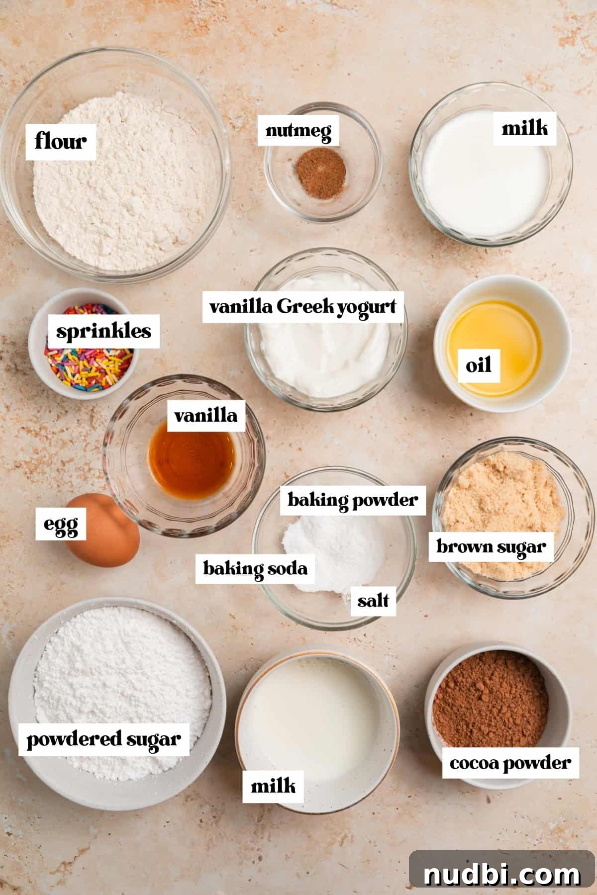 Light and Fluffy Greek Yogurt Donuts Recipe 3 Flour, egg, brown sugar, sprinkles and other labeled ingredients.