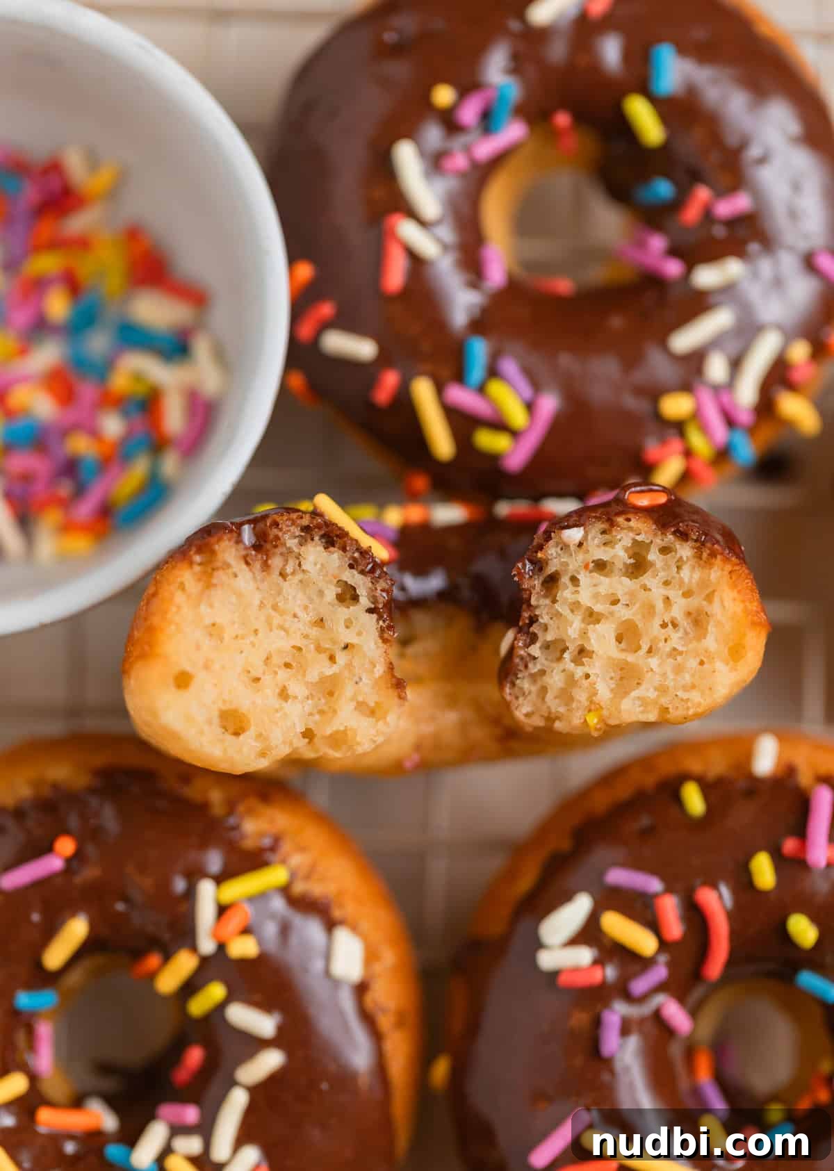 Light and Fluffy Greek Yogurt Donuts Recipe 10 Half of a Greek yogurt donut propped to show texture.