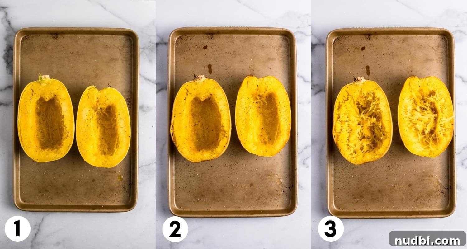 Spaghetti squash on baking pan with seasoning.