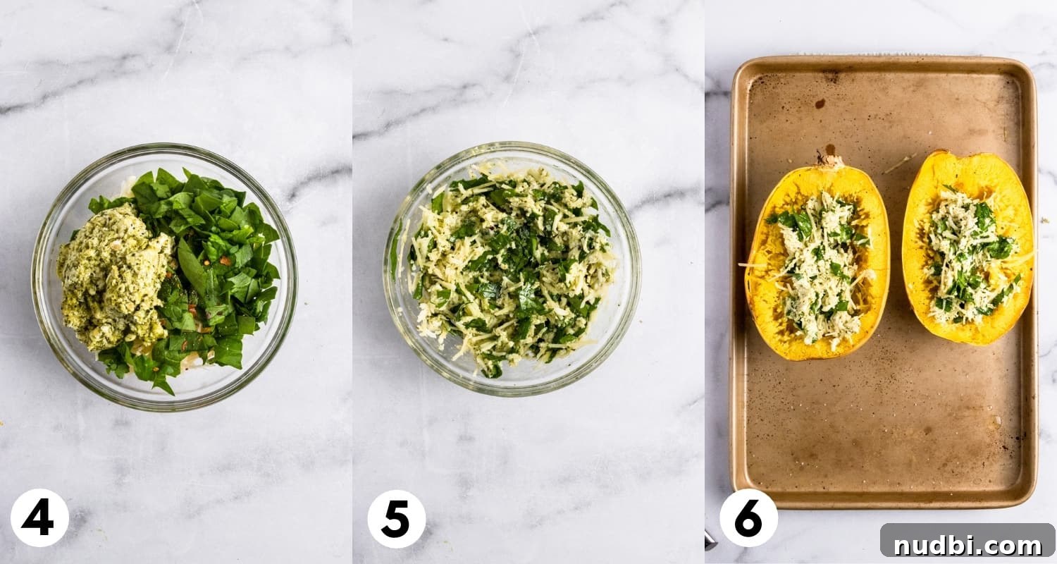 Cream cheese and pesto mixed with spinach and cheese and then topped on spaghetti squash.
