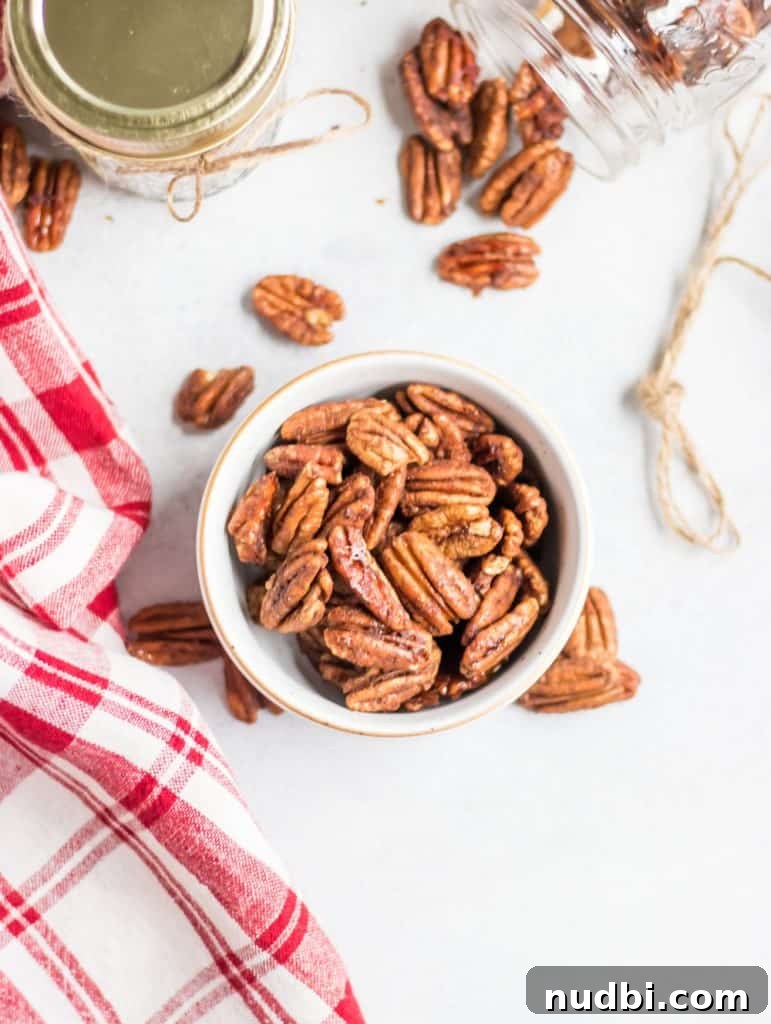 Maple Vanilla Spiced Pecans Recipe — Sweet & Crunchy Snack 2 Overhead shot of maple spiced pecans.