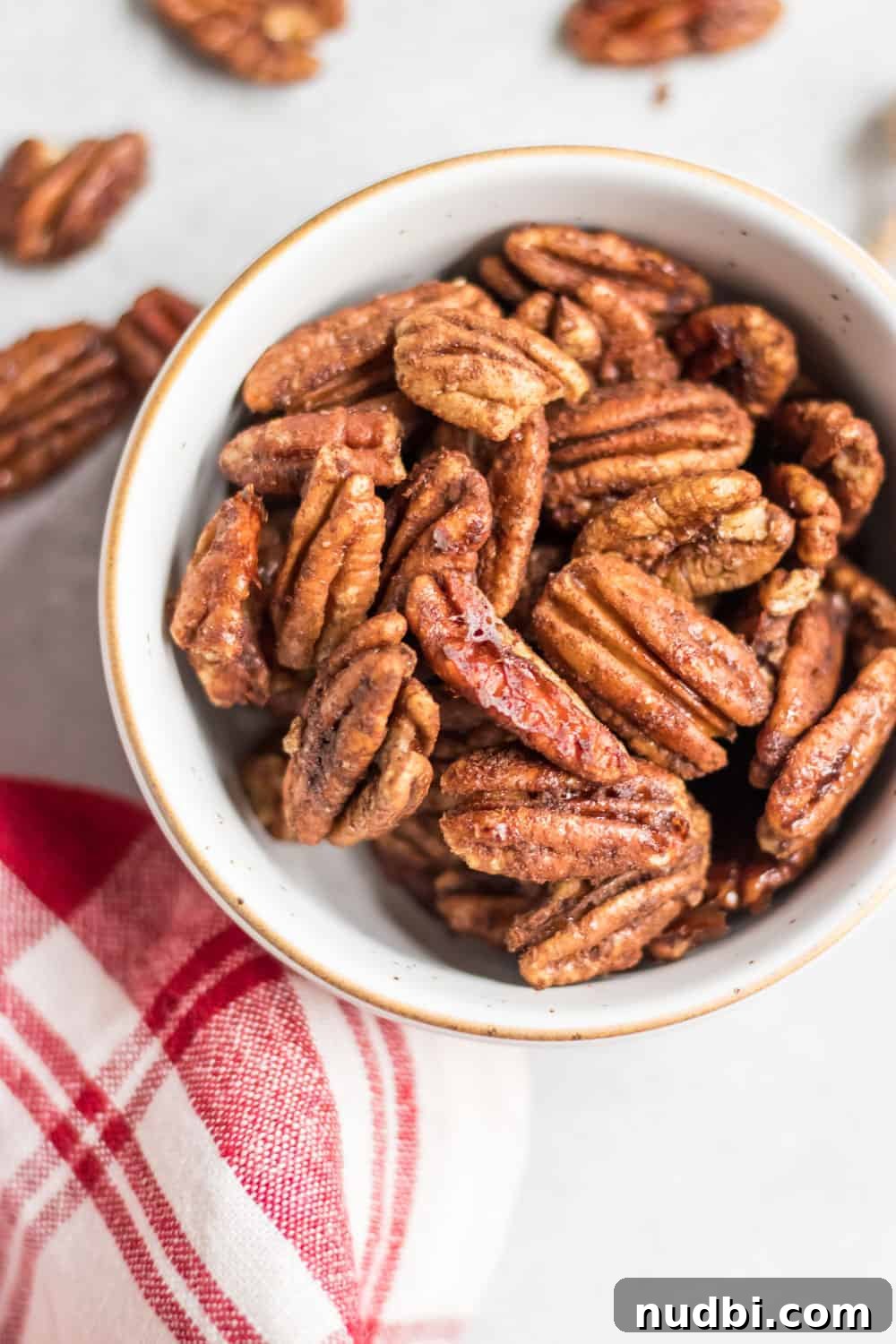 Maple Vanilla Spiced Pecans Recipe — Sweet & Crunchy Snack 5 Maple Vanilla Spiced Pecans in white bowl with gold trim