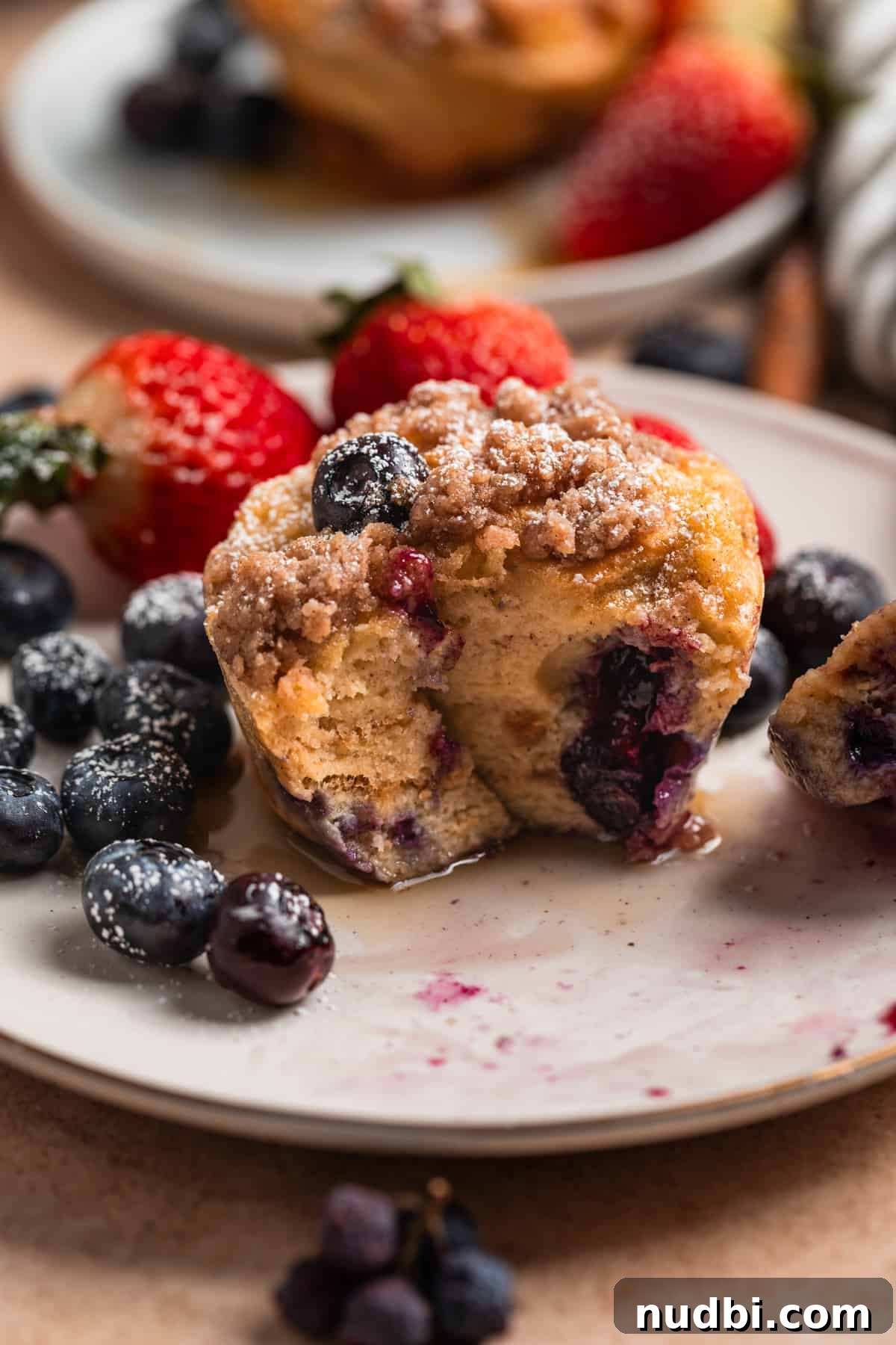 Cinnamon French Toast Muffins: Quick Breakfast Muffin Recipe 8 Blueberry French toast muffin with fork.