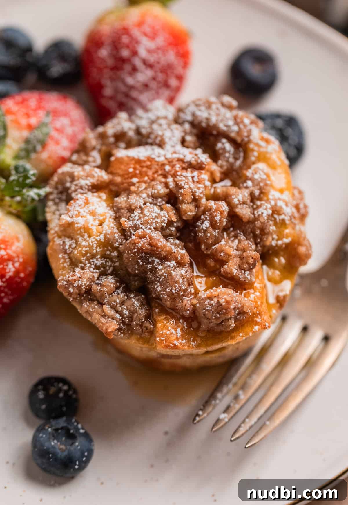 Cinnamon French Toast Muffins: Quick Breakfast Muffin Recipe 3 French toast muffin with streusel topping, maple syrup and powdered sugar on plate with berries and fork.