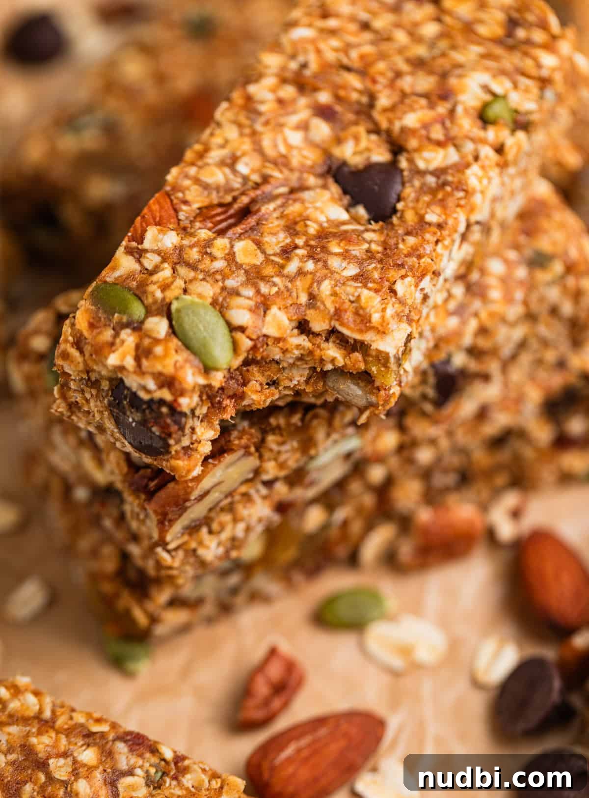 Homemade Trail Mix Bars Recipe – Portable Snack Bars for Hiking 10 Stack of no bake trail mix bars with bite taken out of top bar.