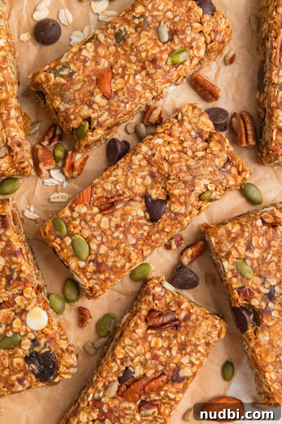 Homemade Trail Mix Bars Recipe – Portable Snack Bars for Hiking 11 Trail mix oatmeal bars on parchment with almonds, oats, chocolate chips and other ingredients surrounding.