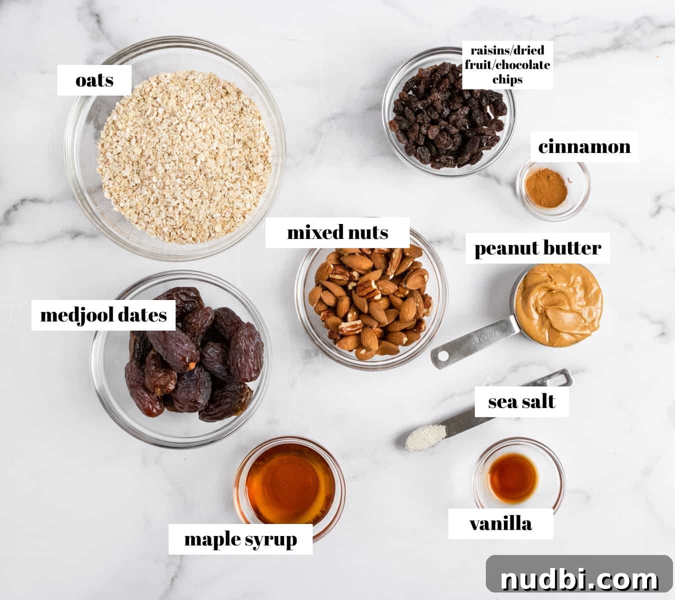 Homemade Trail Mix Bars Recipe – Portable Snack Bars for Hiking 3 Ingredients to make recipe labeled on counter.