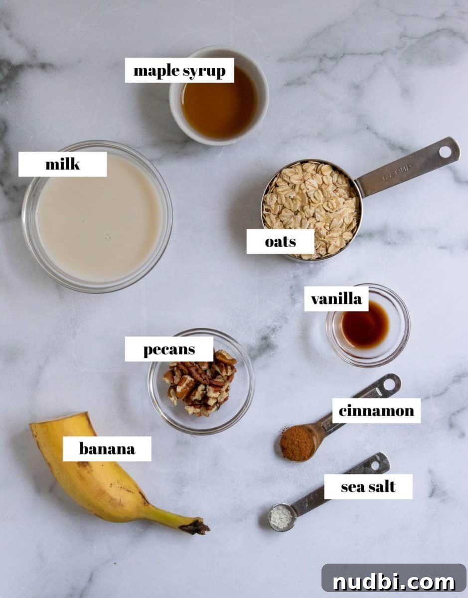 Banana Bread Overnight Oats Recipe for Creamy Breakfast Bliss 4 Ingredients in banana oats labeled.