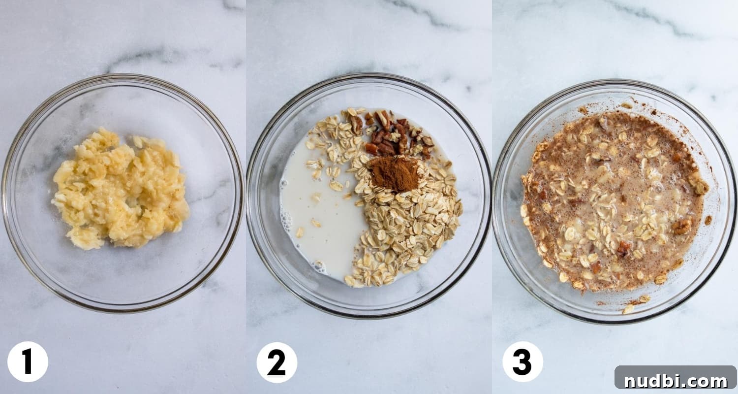 Banana Bread Overnight Oats Recipe for Creamy Breakfast Bliss 5 Banana mashed in bowl and then stirred in with oatmeal ingredients.