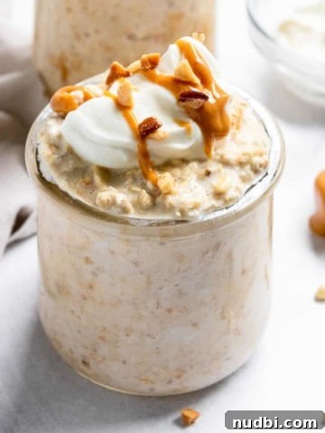 Peanut butter greek yogurt overnight oats in jar.