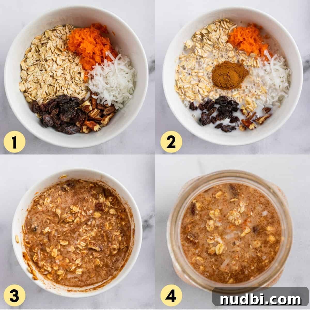 Carrot Cake Overnight Oats Recipe for Make-Ahead Breakfast 5 Ingredients for carrot oats in bowl and stirred up.
