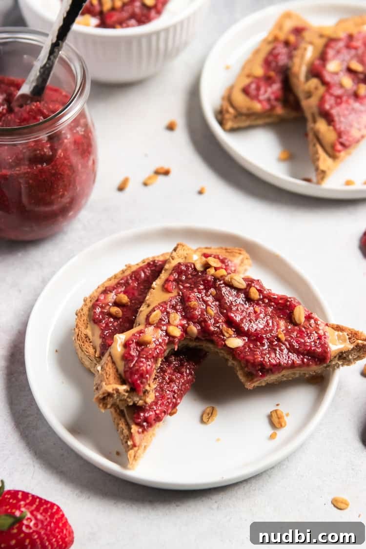 Strawberry Chia Jam spread on peanut butter toast.