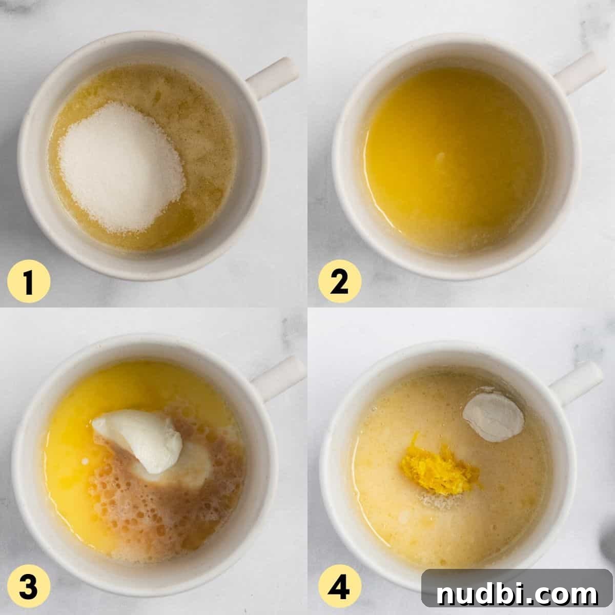 Blueberry Lemon Mug Cake Recipe — Ready in Minutes 4 Butter and sugar in mug and added vanilla, milk and yogurt.