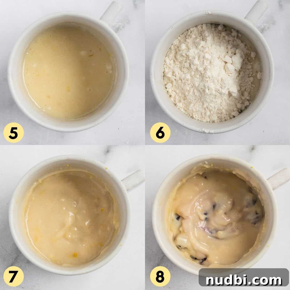 Blueberry Lemon Mug Cake Recipe — Ready in Minutes 5 Process photos for mug cake with flour and blueberries added.
