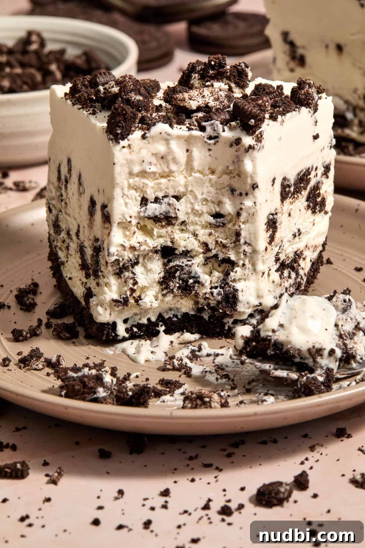 No-Bake Oreo Ice Cream Pie Recipe — Creamy Chocolate Sandwich Dessert 2 Frozen oreo ice cream pie on plate with forkful taken out.