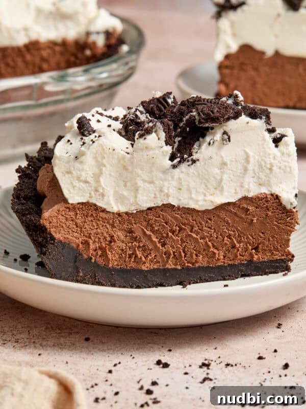 No-Bake Oreo Ice Cream Pie Recipe — Creamy Chocolate Sandwich Dessert 15 Slice of chocolate pie with chocolate Oreo crust and whipped cream topping.