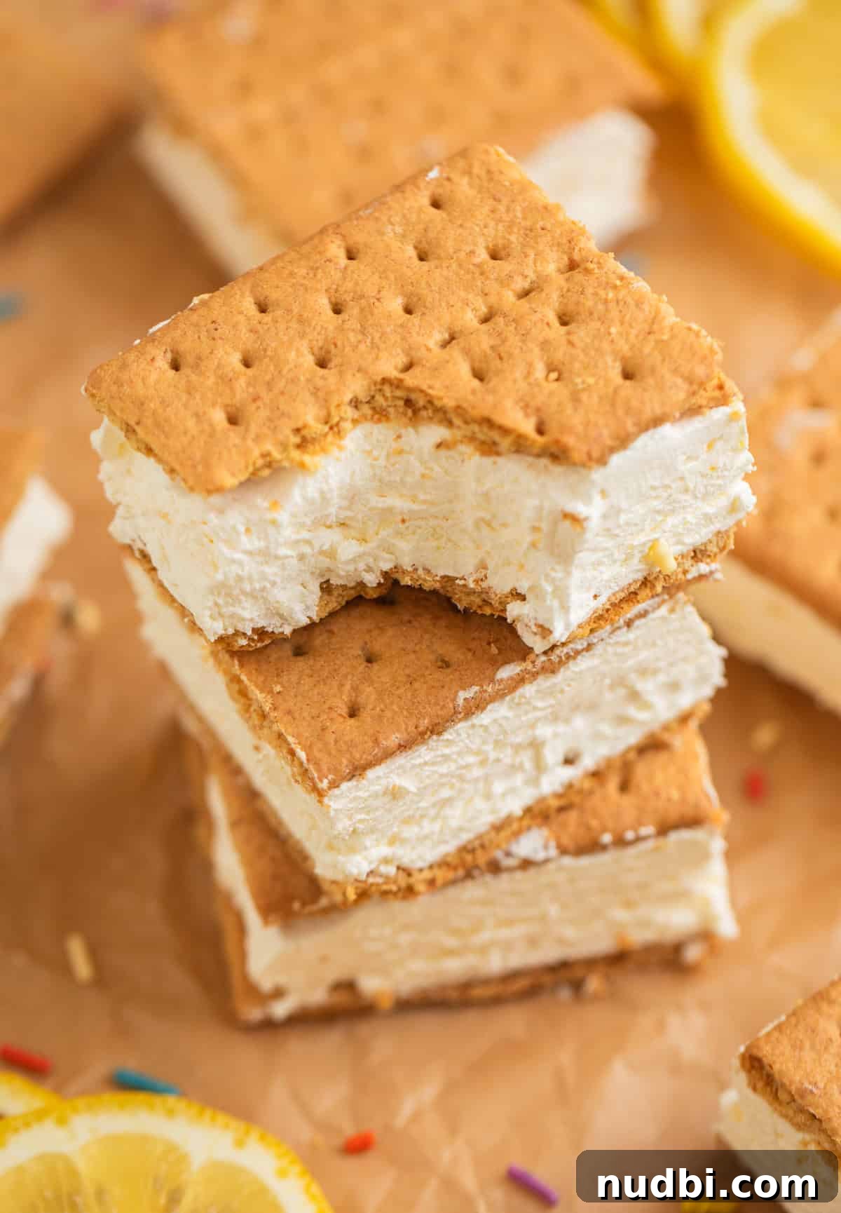 Lemonade Ice Cream Sandwiches Recipe — Refreshing Summer Treat 2 Lemonade ice cream sandwiches stacked on top of each other with bite taken out of the top.