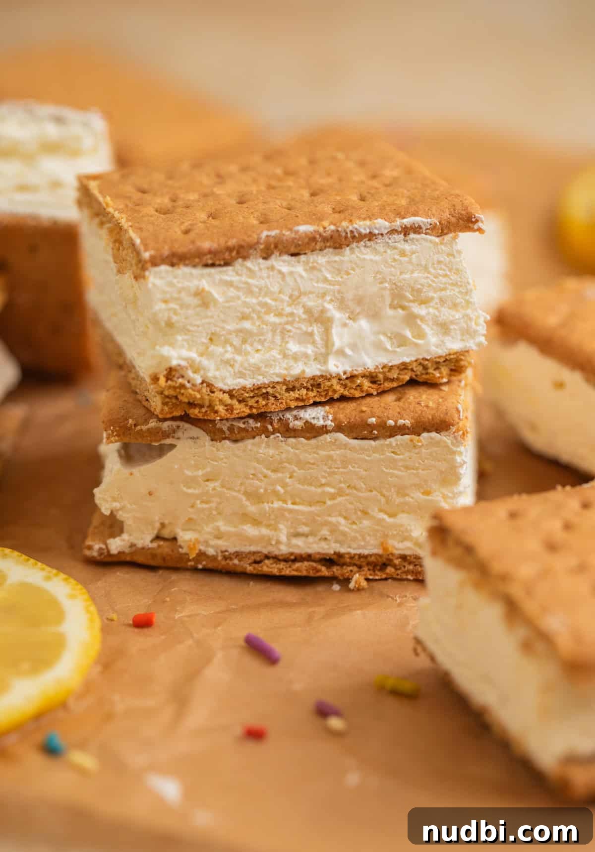Lemonade Ice Cream Sandwiches Recipe — Refreshing Summer Treat 8 Graham cracker ice cream sandwich squares stacked on each other.