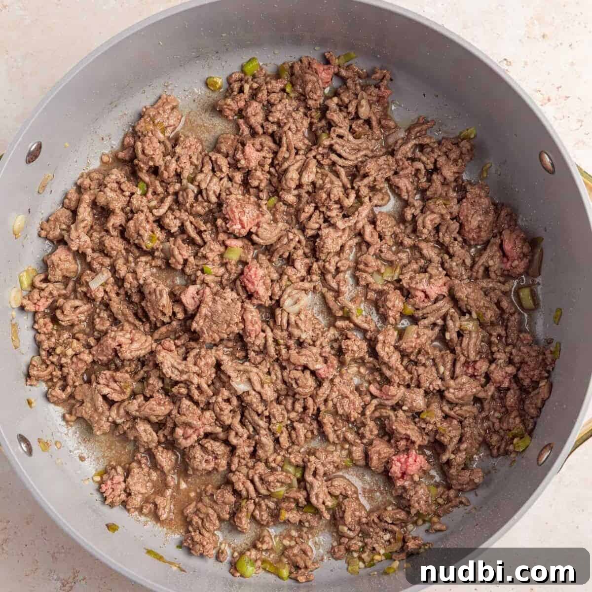 Savory Ground Beef Ramen Noodle Recipe 6 Ground beef browned in skillet.
