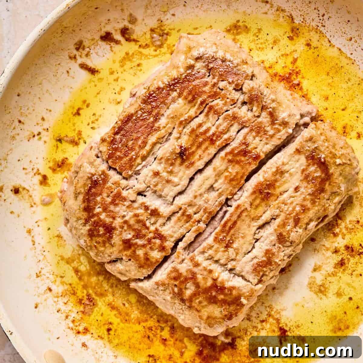 Turkey Burger Bowls with Creamy Special Sauce 8 Flipped browned ground turkey in pan.