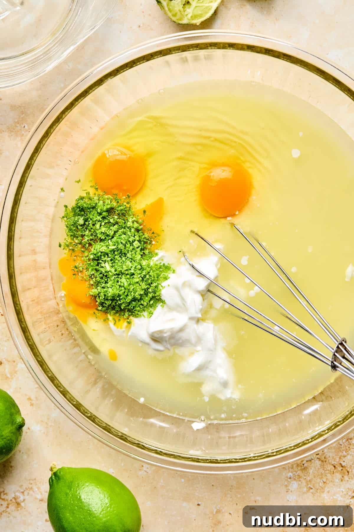 Margarita Bar Ideas for Parties and Entertaining 7 Lime zest and juice, eggs, sour cream and other ingredients in bowl.