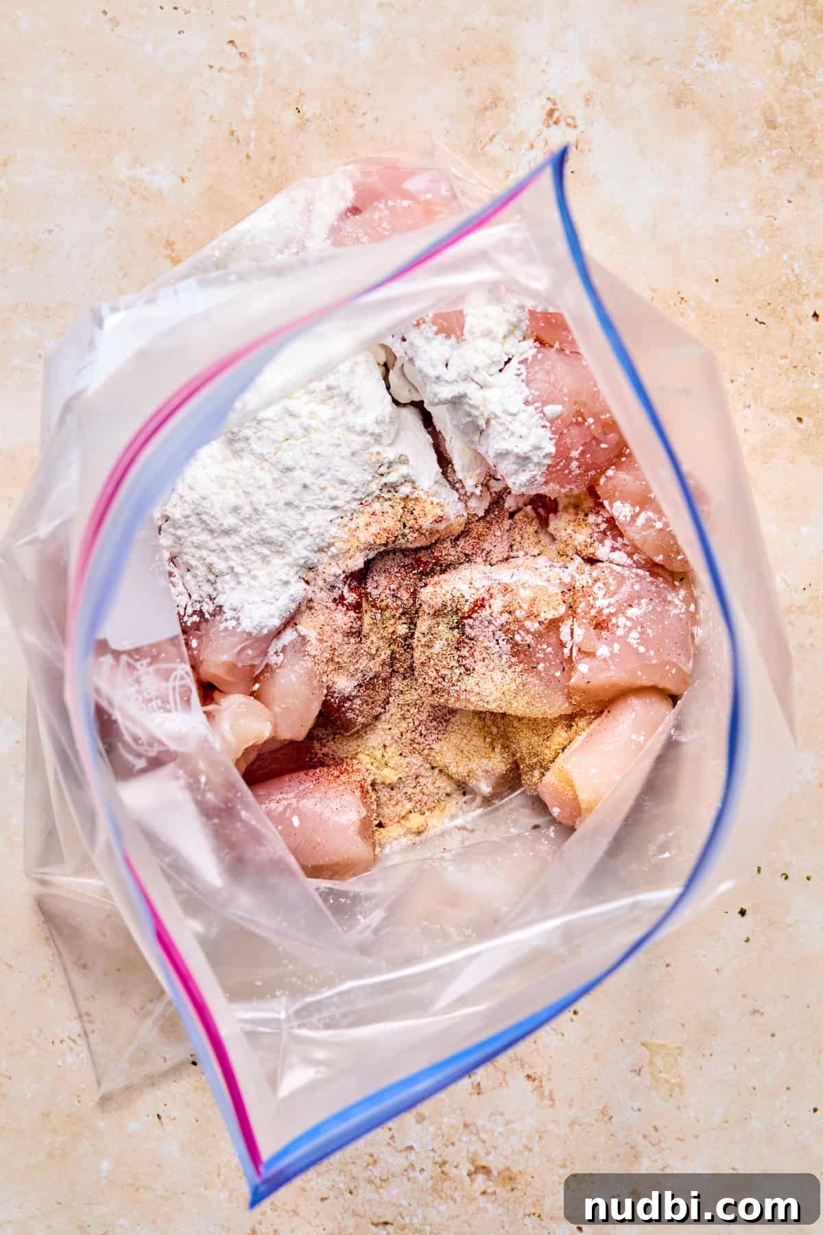 Crispy Spicy Orange Chicken with Tangy Sauce 6 Plastic bag with cut up chicken pieces with cornstarch and seasoning.