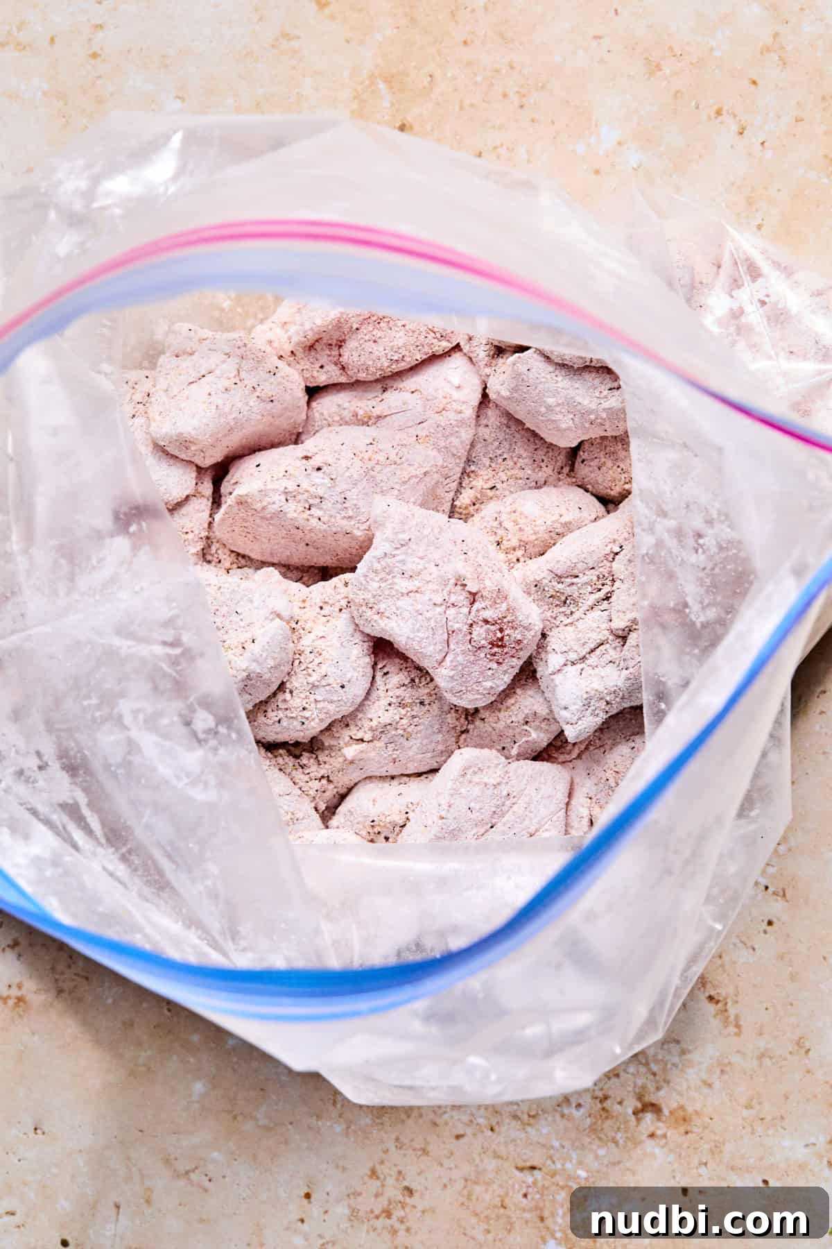 Crispy Spicy Orange Chicken with Tangy Sauce 7 Plastic bag with seasoned and coated chicken.
