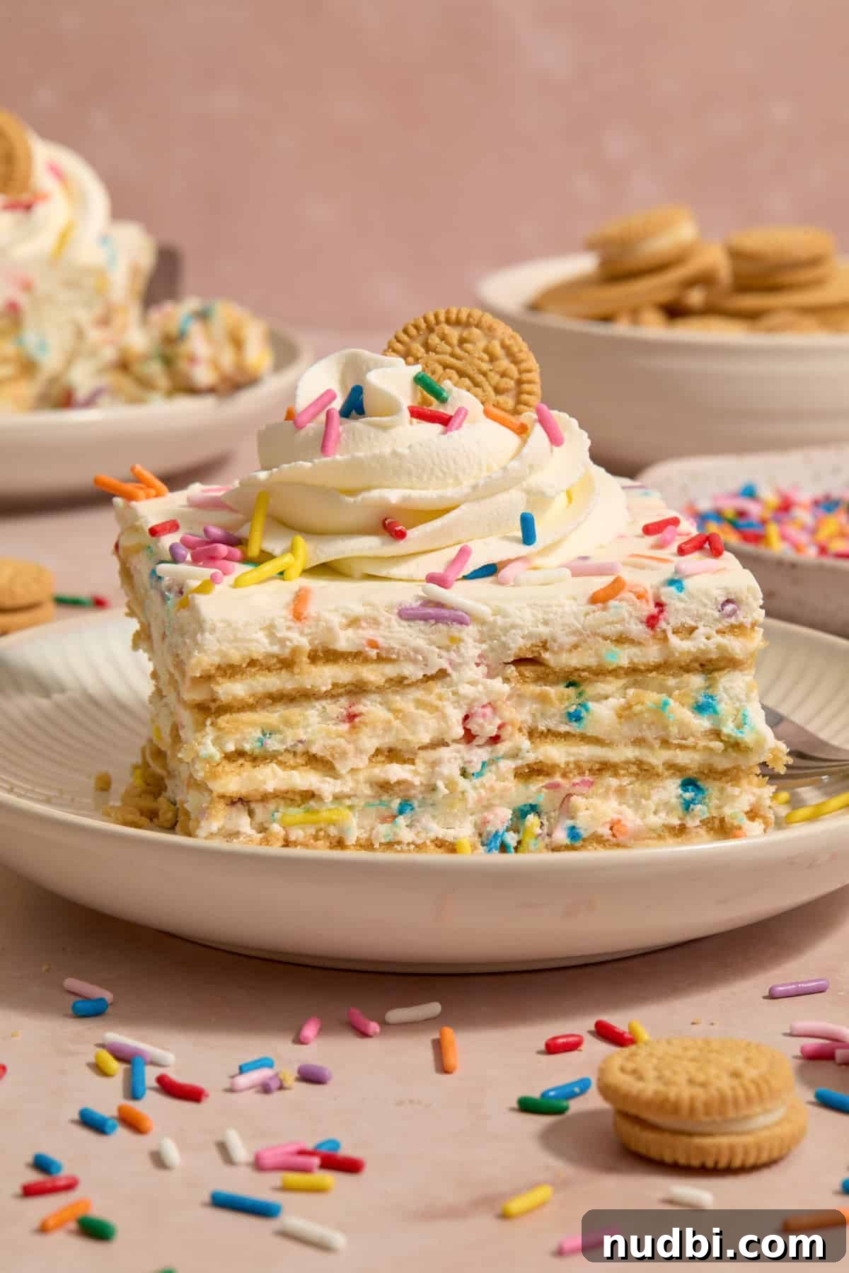 No-Bake Funfetti Icebox Cake Recipe with Whipped Frosting 2 Slice of no-bake funfetti icebox cake topped with whipped cream and mini golden Oreo.
