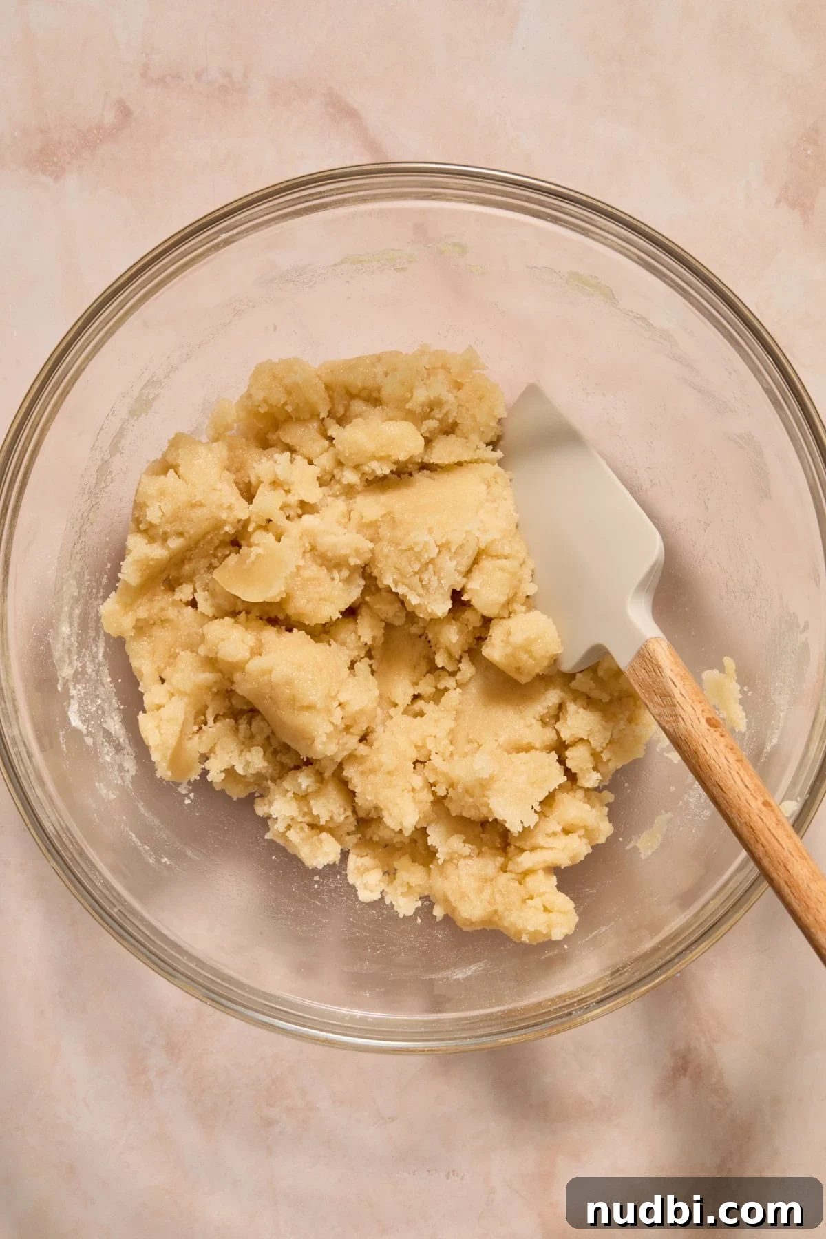 Cream Cheese Peach Cobbler with Buttery Biscuit Topping 8 Cobbler topping mixture in glass mixing bowl with spatula.