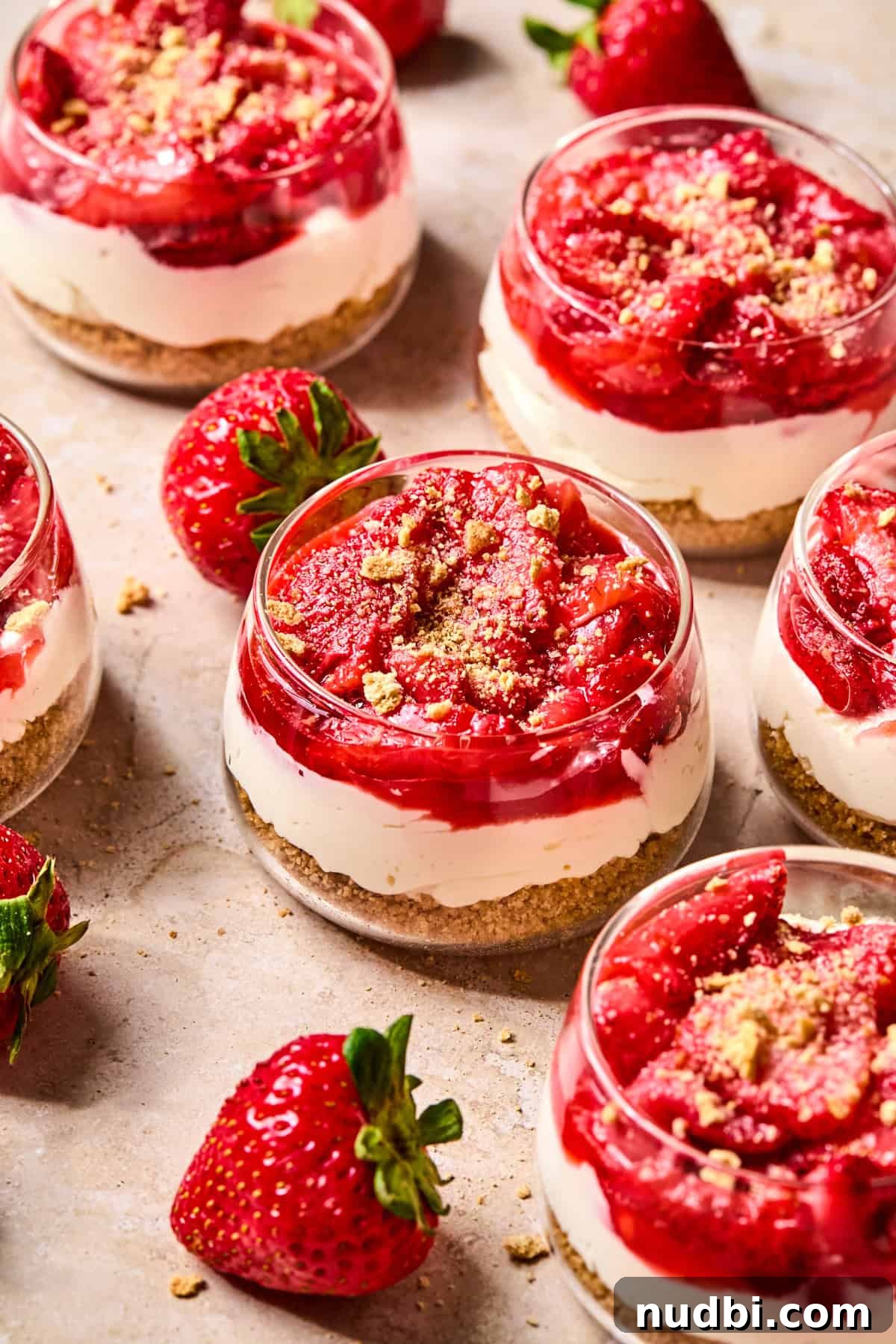 Strawberry topped no-bake cheesecake cups with strawberries beside the cups.