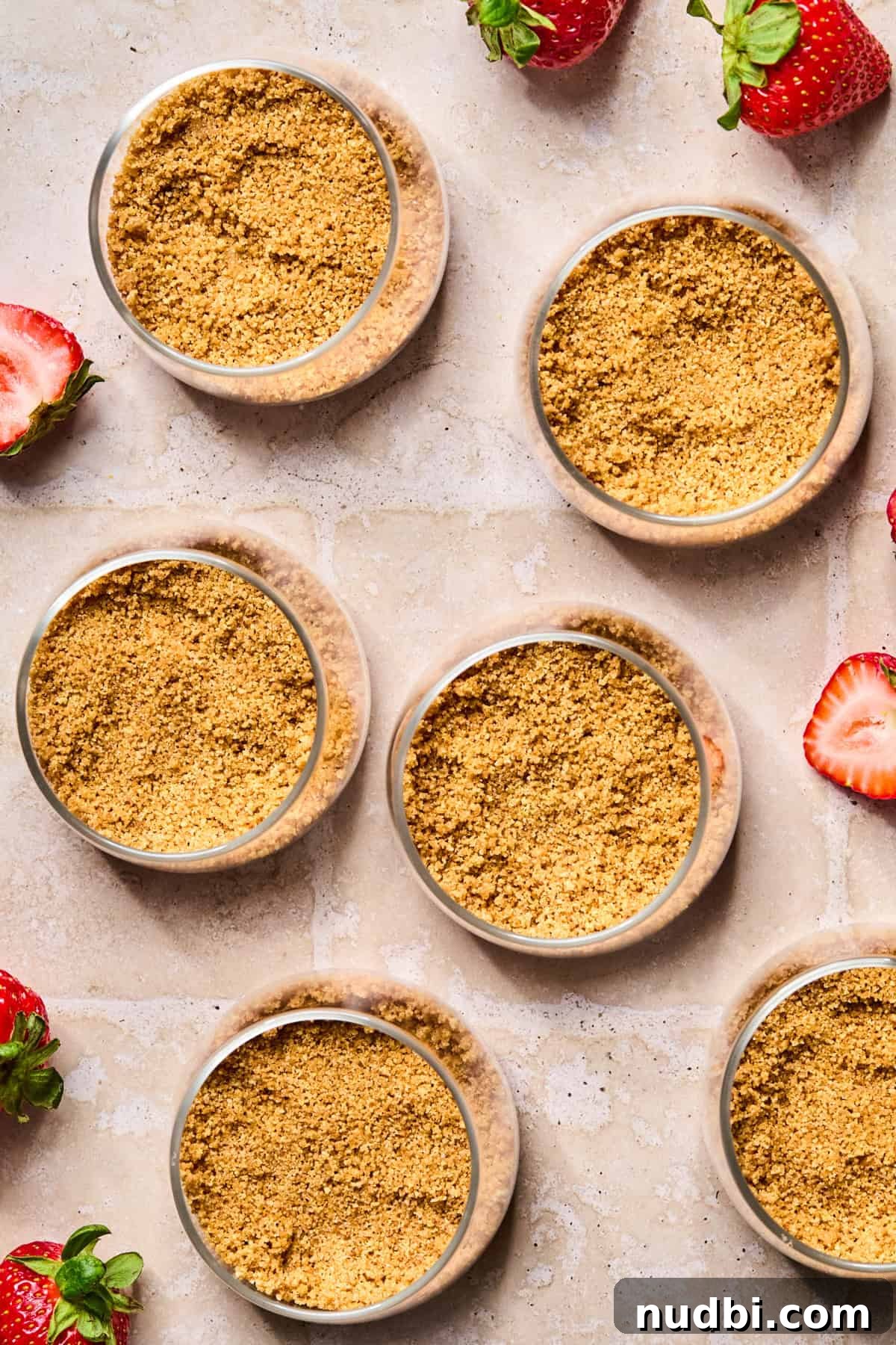 Graham cracker crust added to bottom of dessert dishes.