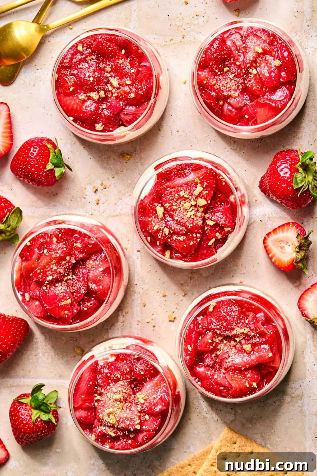 Roasted strawberry cheesecake cups in dessert glasses with graham cracker crumb sprinkle over top.