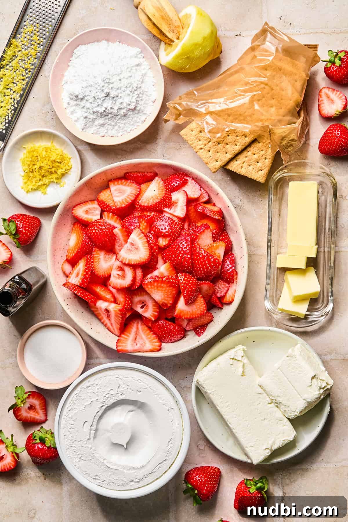 Sliced strawberries, butter, lemons, graham crackers, and other ingredients on surface.