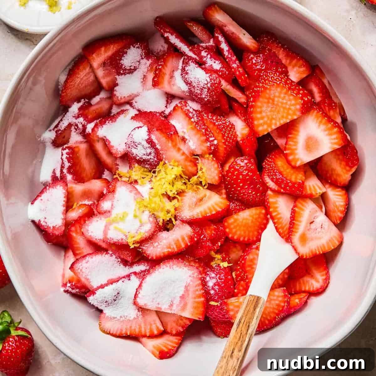 Sliced strawberries in bowl with sugar and lemon zest.