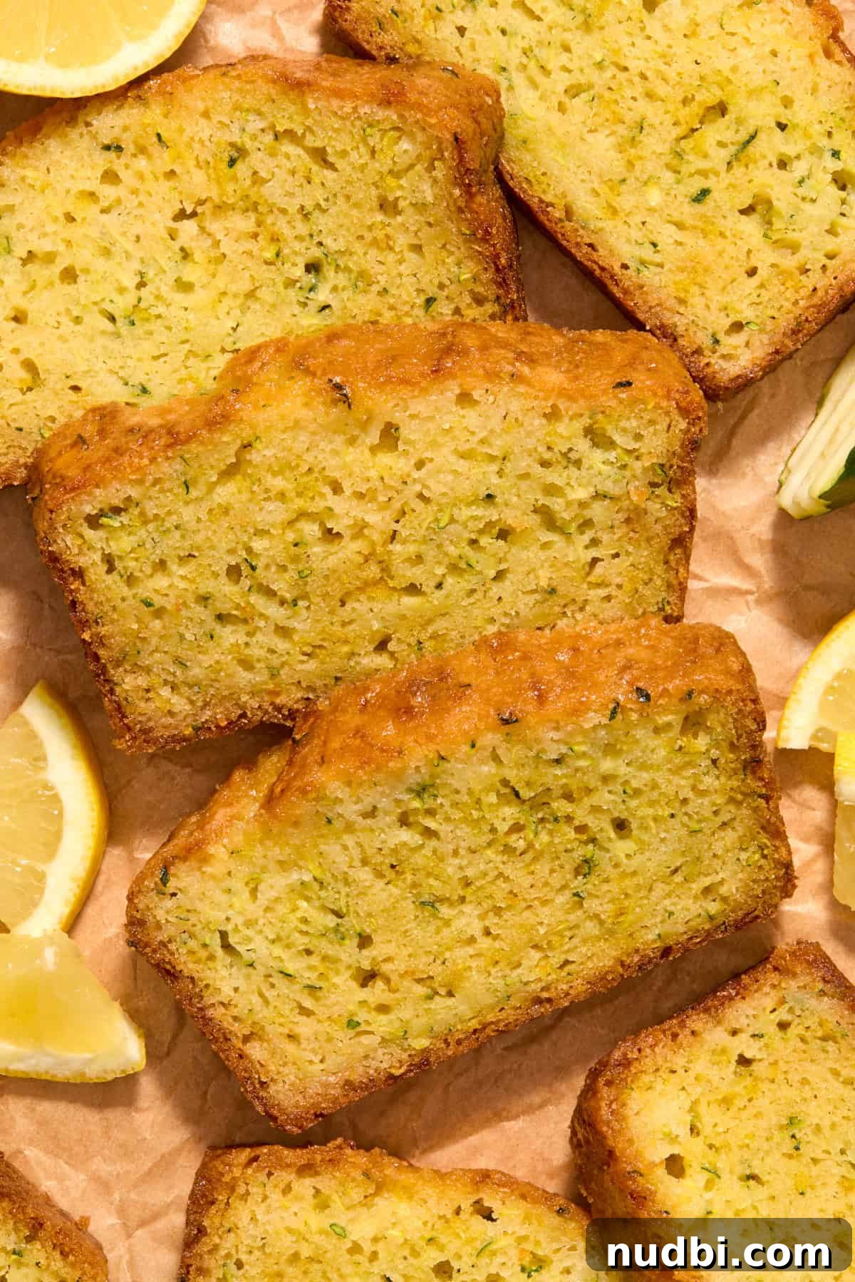 Slices of lemon zucchini bread on parchment with lemon slices.