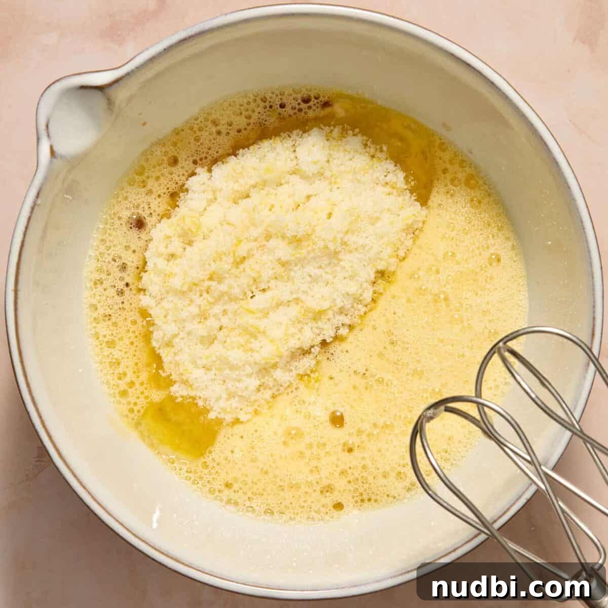 Beaten eggs with sugar and lemon zest added.