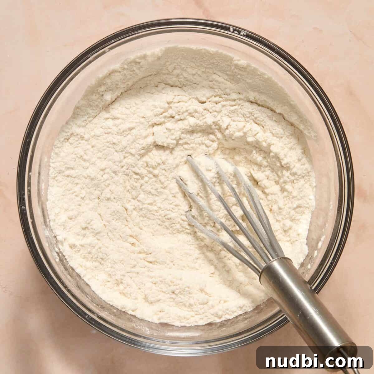Whisked dry ingredients in bowl with small whisk.